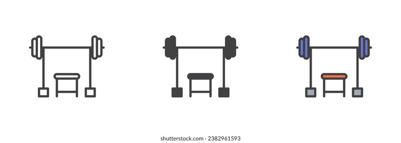 Conjunto de iconos de estilo de Barbell y de banco diferente. Línea, glifo y contorno relleno versión colorida, contorno y signo vectorial relleno. Símbolo de gimnasio, ilustración del logo. Gráficos vectoriales