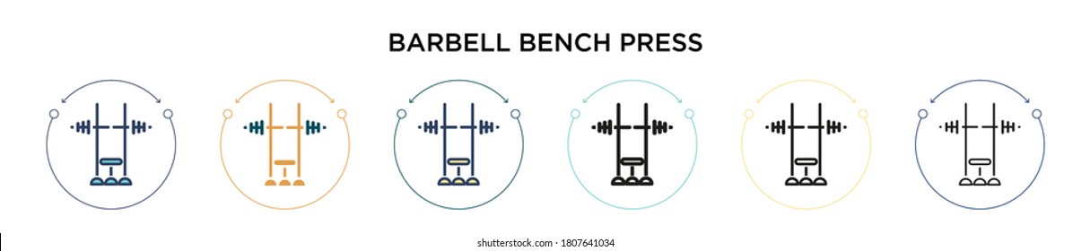 Barbell bench press icon in filled, thin line, outline and stroke style. Vector illustration of two colored and black barbell bench press vector icons designs can be used for mobile, ui, web