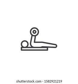 Barbell bench press line icon. linear style sign for mobile concept and web design. Man doing bench press exercise outline vector icon. Symbol, logo illustration. Vector graphics
