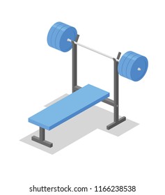 Barbell bench press, training apparatus for the gym. Fitness equipment isometric illustration. Flat vector illustration. Isolated on white background.