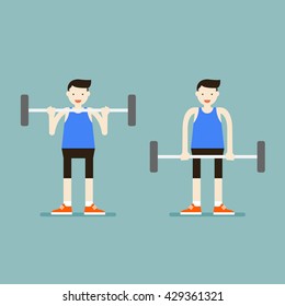 Barbell Bicep Curls Exercise Guide, Arms Exercise of Weight Training Guide.Vector illustration flat style. 