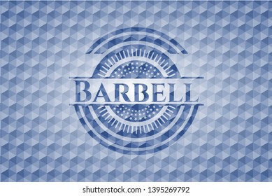 Barbell blue badge with geometric background. Vector Illustration. Detailed.