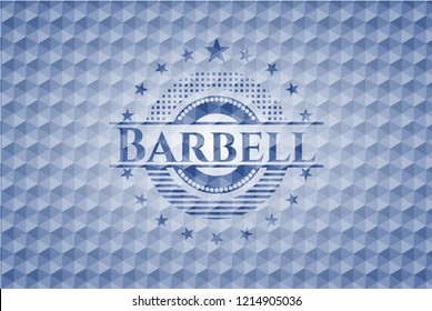 Barbell blue emblem or badge with abstract geometric polygonal pattern background.