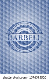 Barbell blue emblem with geometric pattern background.