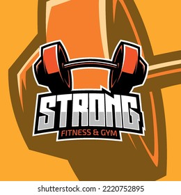 Barbell body builder sport emblem logo. Fitness, gym, exercise vector illustration.