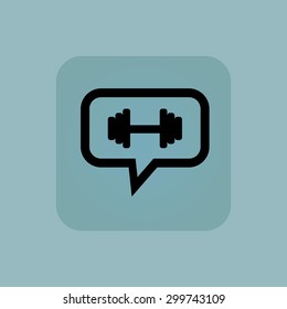 Barbell in chat bubble, in square, on pale blue background