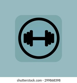 Barbell in circle, in square, on pale blue background