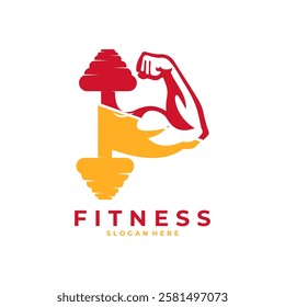 Barbell combinations with strong Hand logo. Fitness and Gym center logo design template