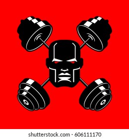 Barbell Crossed emblem for gym. head of bodybuilder sign. Sports Fitness logo
