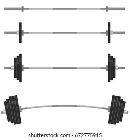 Barbell with different weights set. Weightlifting equipment. Fitness design elements, Gym emblem. Barbells Collection. Vector illustration 