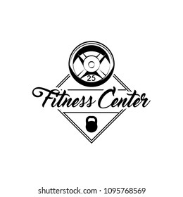 Barbell disks, Kettlebell. Fitness center label emblem. Sport equipment. Bodybuilding logo. Vector illustration.
