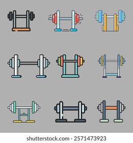 Barbell and dumbbell fitness icon set, A collection of nine colorful icons featuring barbells and dumbbells, representing gym equipment, weightlifting, and strength training activities. 
