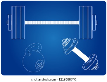 Barbell and dumbbell on a blue background. Drawing