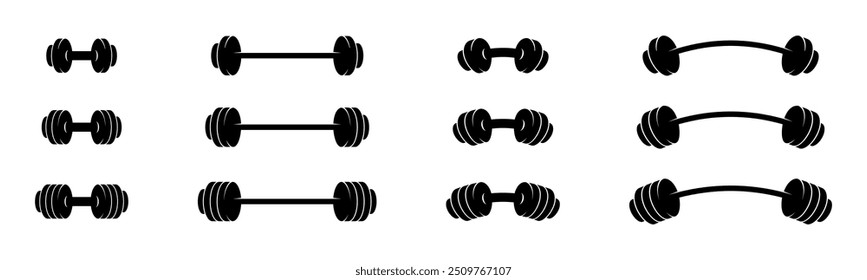 Barbell e ilustração de vetor de haltere. Barbell e ícones de haltere. Silhuetas Barbell e dumbbell. Ícones de vetor Barbells.