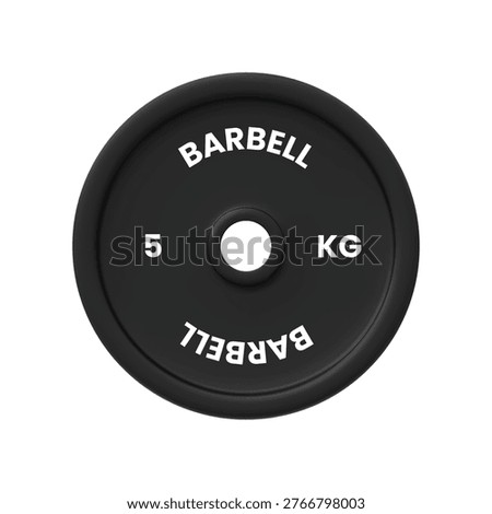 Barbell or dumbbell weight plate 5 five kilograms realistic 3D vector icon. Gym workout and strength training. Sport equipment for exercise with weight lifting workout. Fitness disc isolated on white