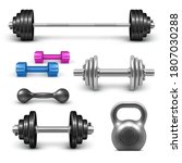 Barbell, dumbbells and kettlebell set. Fitness gym and bodybuilding 
weight equipment set. Sport workout 3d realistic vector illustration isolated on white background