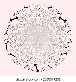 Barbell exploding spheric cluster. Object pattern done from random barbell design elements as burst spheric cluster. Abstraction spheric cluster mosaic is designed from barbell symbols.