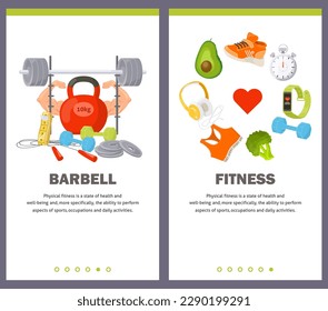 Barbell and fitness concept for mobile application website banner template. Sport equipment for bodybuilding, weightlifting, cross fit training workout vector illustration