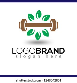 Barbell fitness with leaf green logo icon vector