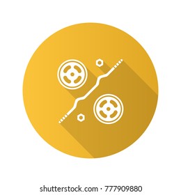 Barbell flat design long shadow glyph icon. Curl bar with weight plates. Fitness equipment. Vector silhouette illustration