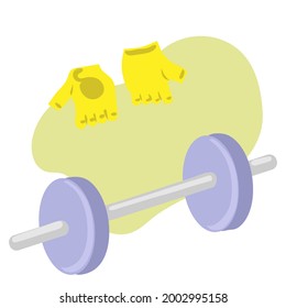 barbell and gloves for sports in the background