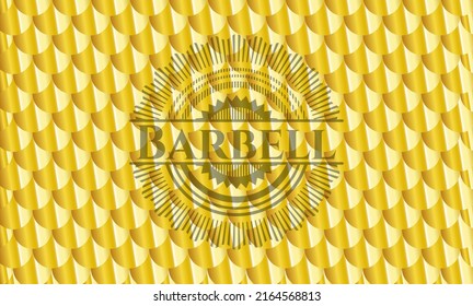 Barbell gold emblem or badge. Scales pattern. Vector Illustration. Detailed. 