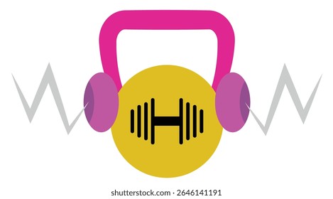 Barbell in headphones with sound waves.