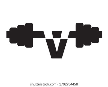 Barbell icon on white square background and V  logo Flat symbol illustration.