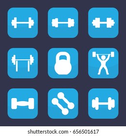 Barbell icon. set of 9 filled barbell icons such as power lifter