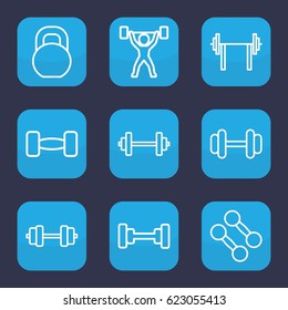 Barbell icon. set of 9 outline barbell icons such as barbell, power lifter