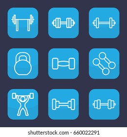 Barbell icon. set of 9 outline barbell icons such as power lifter