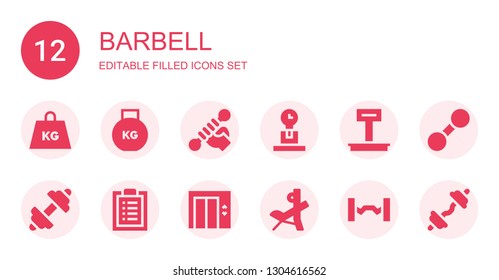 barbell icon set. Collection of 12 filled barbell icons included Weight, Fitness, Workout, Lift, Bench press, Barbell, Dumbbell