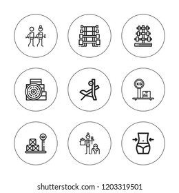 Barbell icon set. collection of 9 outline barbell icons with barbell, bench press, dumbbell, fitness icons. editable icons.