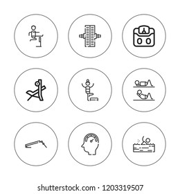 Barbell icon set. collection of 9 outline barbell icons with bench press, fitness bench, fitness, strength, weight icons. editable icons.