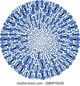 Barbell icon spin spheric collage. Barbell elements are formed into round curl design concept. Abstract spheric globula collage created from regular barbell icons.