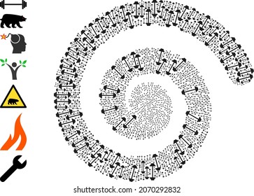 Barbell icon spiral cycle mosaic. Barbell signs are grouped into spiral mosaic structure. Object curl is designed from randomized barbell icons. Some other icons are added.
