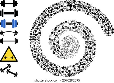 Barbell icon spiral cycle mosaic. Barbell elements are combined into twirl vector illustration. Object twirl is combined from random barbell icons. Some additional icons are pictured.