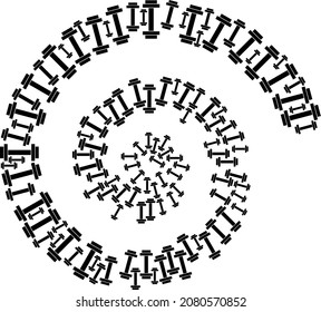 Barbell icon spiral twirl composition. Barbell signs are shaped into twirl design concept. Abstraction spiral is organized from random barbell symbols.