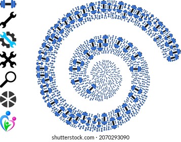 Barbell icon spiral twist composition. Barbell symbols are composed into whirlpool design concept. Element twist designed from scattered barbell icons. Some bonus icons are pictured.
