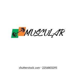 Barbell icon vector and MUSCULAR text, for sport venue logo.