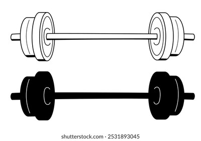 Ícone Barbell, contorno vetorial e ilustração de silhueta. Musculação, exercícios, levantamento de peso, ginástica.