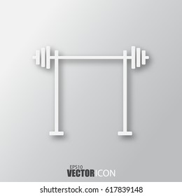 Barbell icon in white style with shadow isolated on grey background. For your design, logo. Vector illustration.