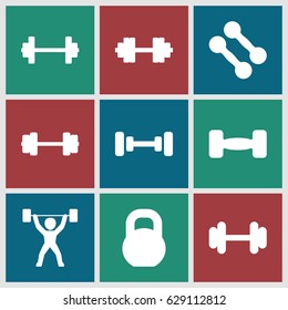 Barbell icons set. set of 9 barbell filled icons such as power lifter