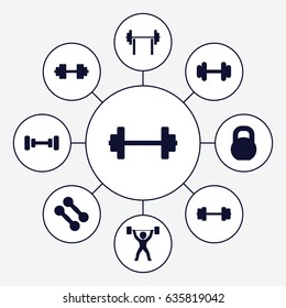 Barbell icons set. set of 9 barbell filled icons such as power lifter