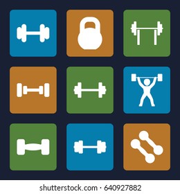 Barbell icons set. set of 9 barbell filled icons such as barbell, power lifter