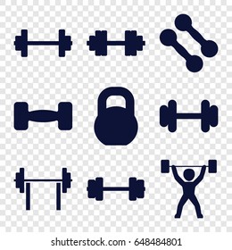 Barbell icons set. set of 9 barbell filled icons such as power lifter