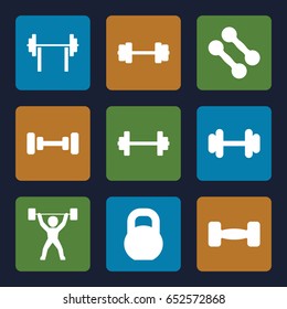 Barbell icons set. set of 9 barbell filled icons such as barbell, power lifter
