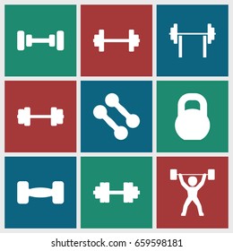 Barbell icons set. set of 9 barbell filled icons such as power lifter