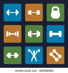 Barbell icons set. set of 9 barbell filled icons such as power lifter