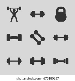 Barbell icons set. set of 9 barbell filled icons such as power lifter